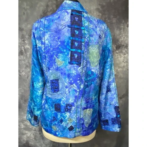 Chico’s Design Sz 1/Medium 100% Silk Mixed Media Embroidered Buttoned Jacket - Picture 3 of 4
